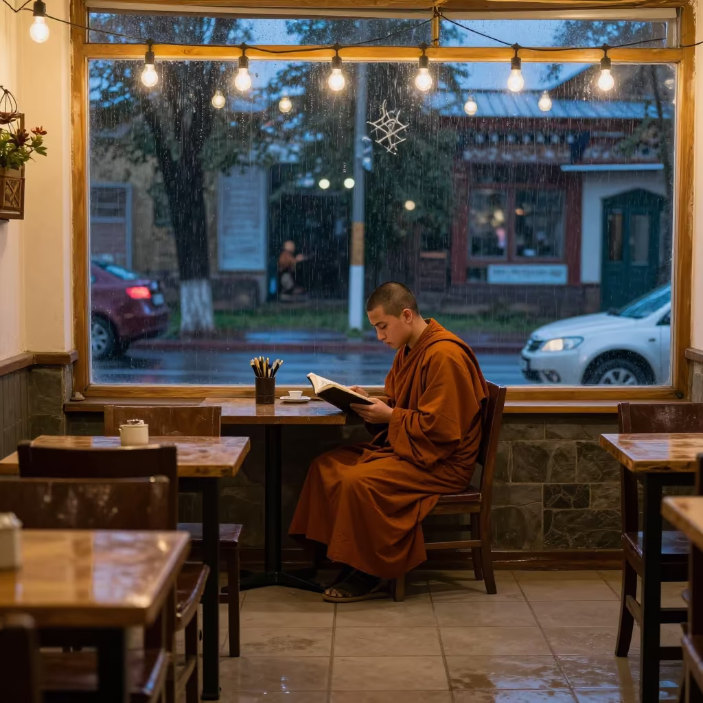 Monk Reading Scripture Cafe Night Monsoon in in a cafe in Chirchiq
