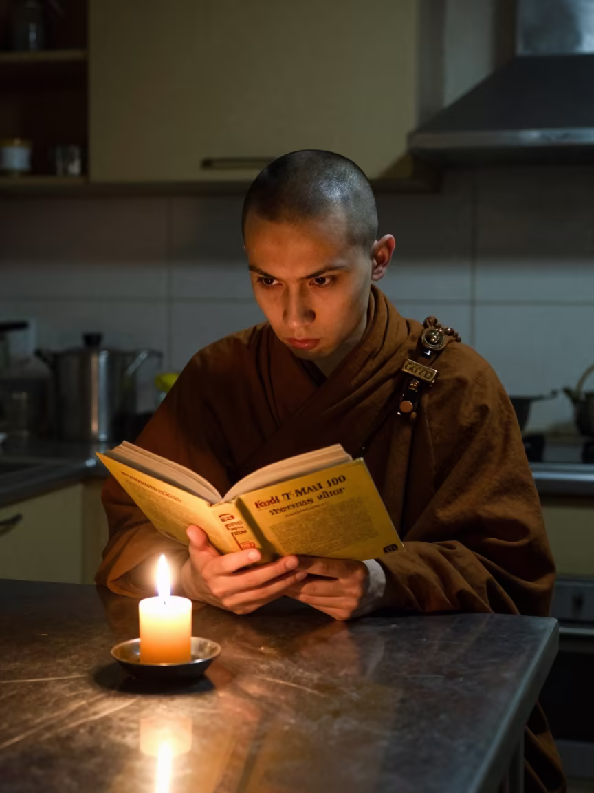 Monk Reading Scripture by Candlelight in Moscow Kitchen in in a kitchen in Patriarch Ponds, Moscow