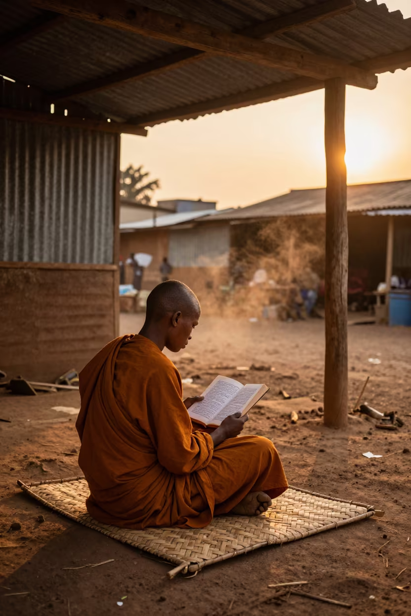 Monk Reading Scripture in Mbuji-Mayi Market Hall in in a market hall in Mbuji-Mayi