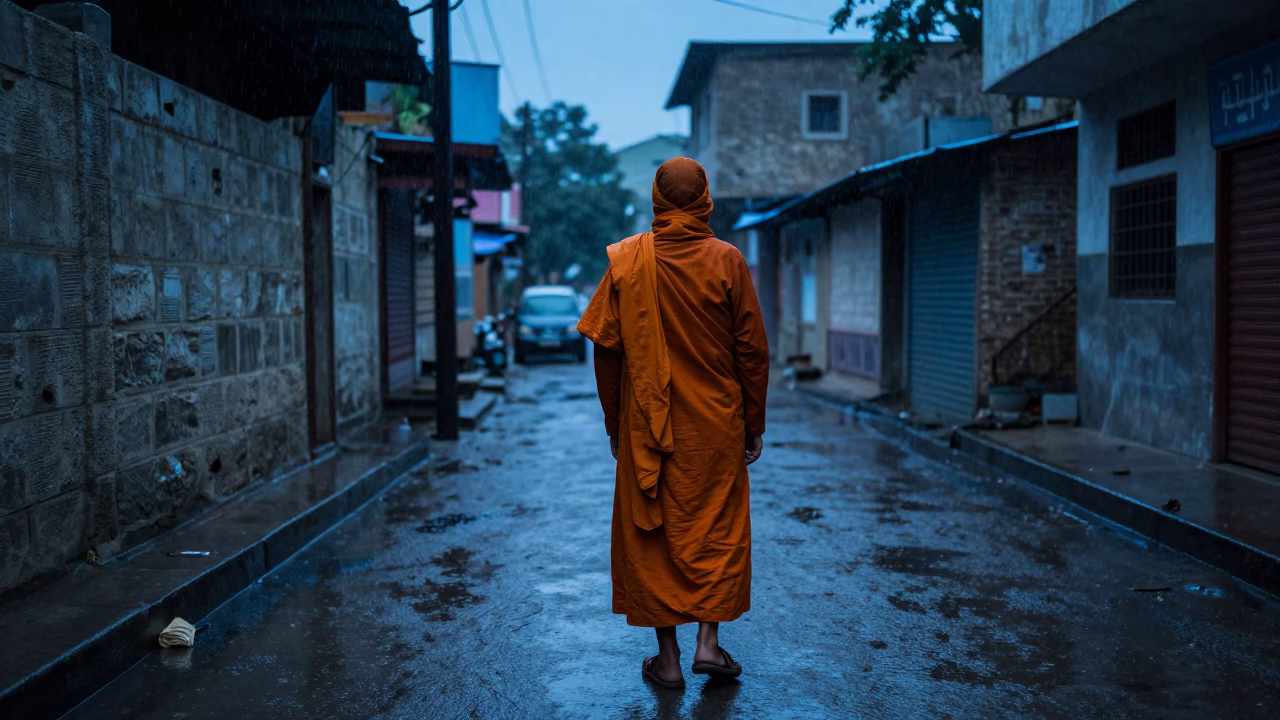 Monk in Saffron Robes Amid Rain at Khuzdar Blue Hour in in Khuzdar