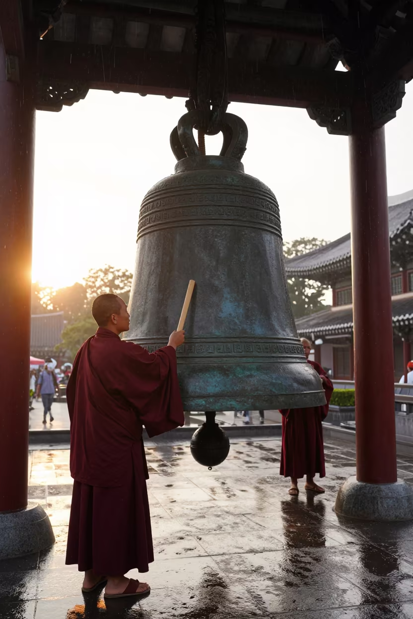 Monk Strikes Temple Bell at Dawn in Medan in in the old quarter in Medan