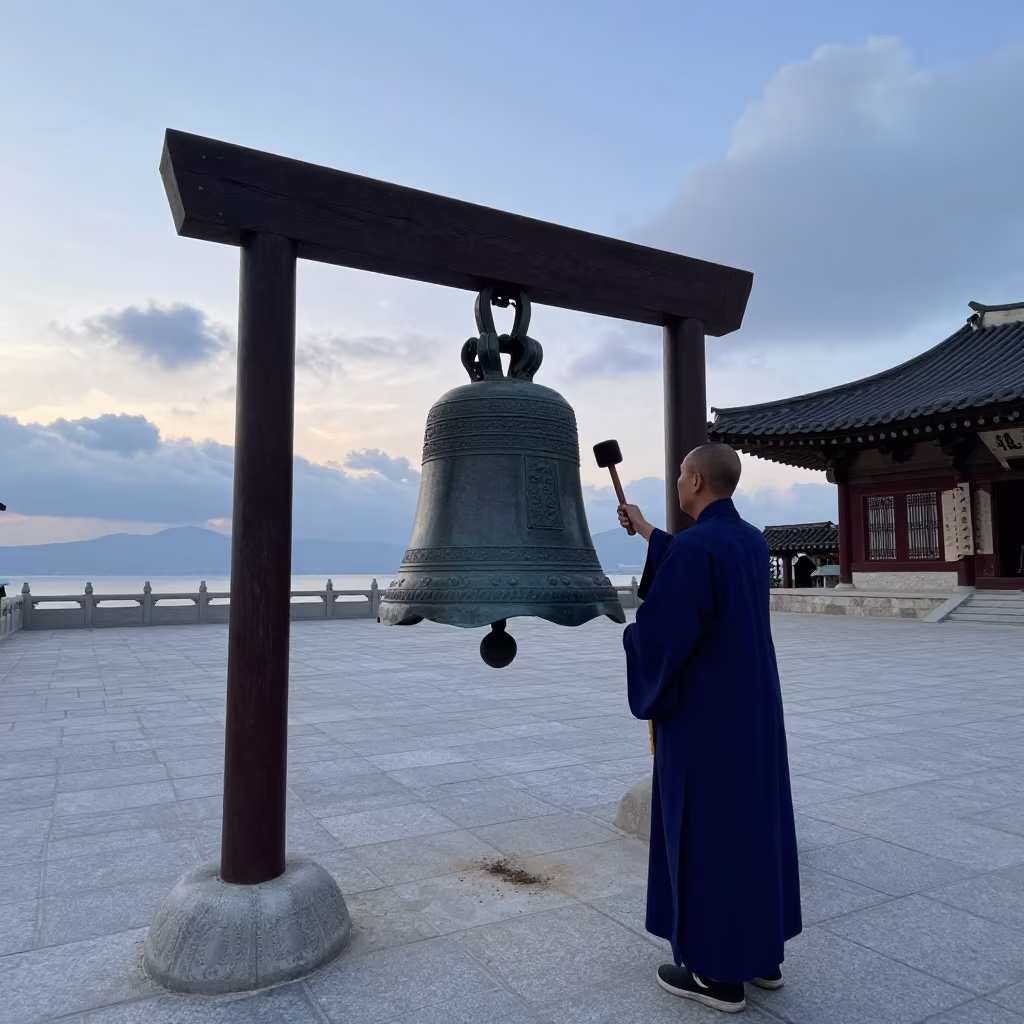 Monk Striking Bell at Dawn Near Antalya in near Antalya