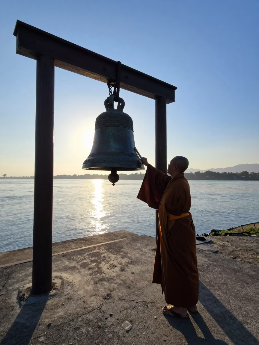 Monk Striking Bronze Bell at Dawn in near a riverside landing in Managua