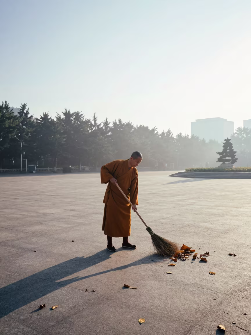 Monk Sweeping Leaves in Changchun Dawn in at a public square in Changchun