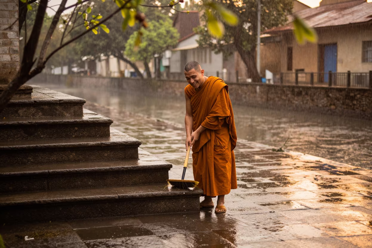 Monk Sweeps Steps in Rain at Ezeiza Canal in beside a canal in Ezeiza