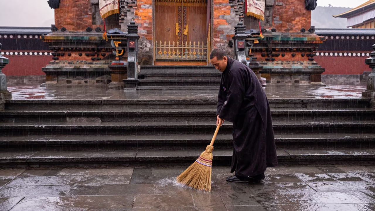 Monk Sweeps Wet Temple Steps Morning Rain in in San Jose