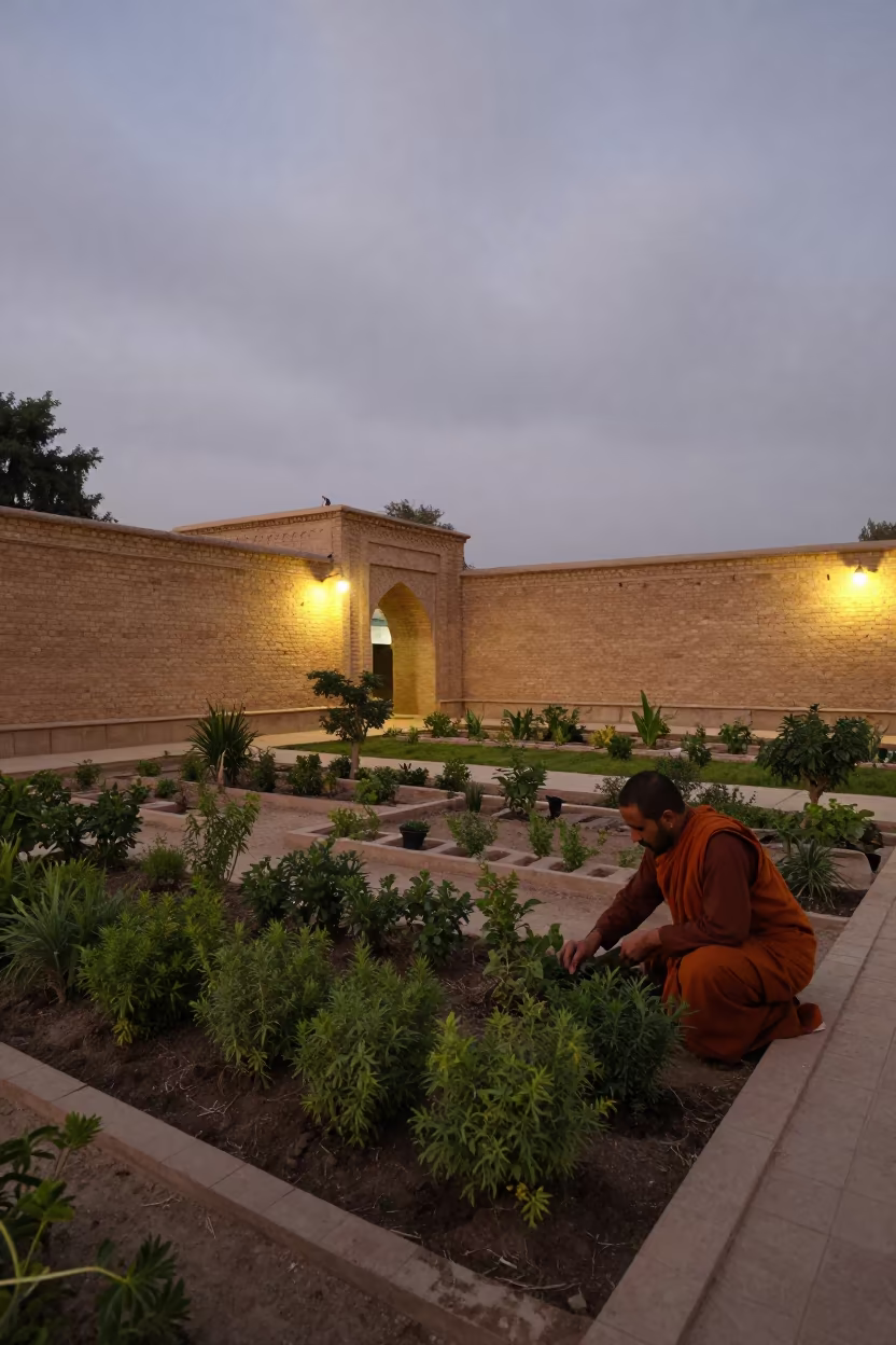 Monk Tending Herb Garden in Multan Courtyard at Dusk in in Multan
