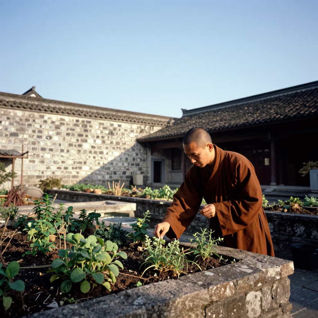 Monk Tending Herb Garden at Ningbo Harbor in at a harbor edge in Ningbo
