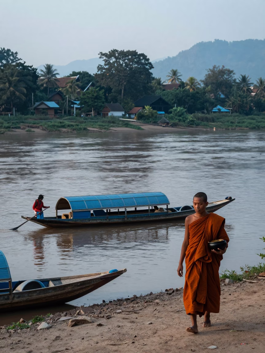 Monk Walking in Luang Prabang in in Luang Prabang, Laos