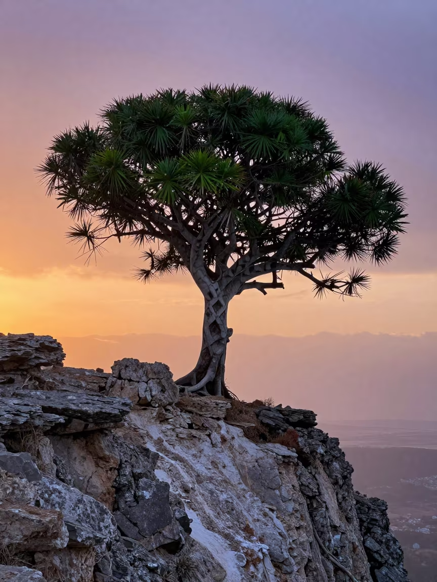 Monkey Puzzle Tree on Salt Spray Cliff at Dawn in along a salt-sprayed cliff edge near Tokat