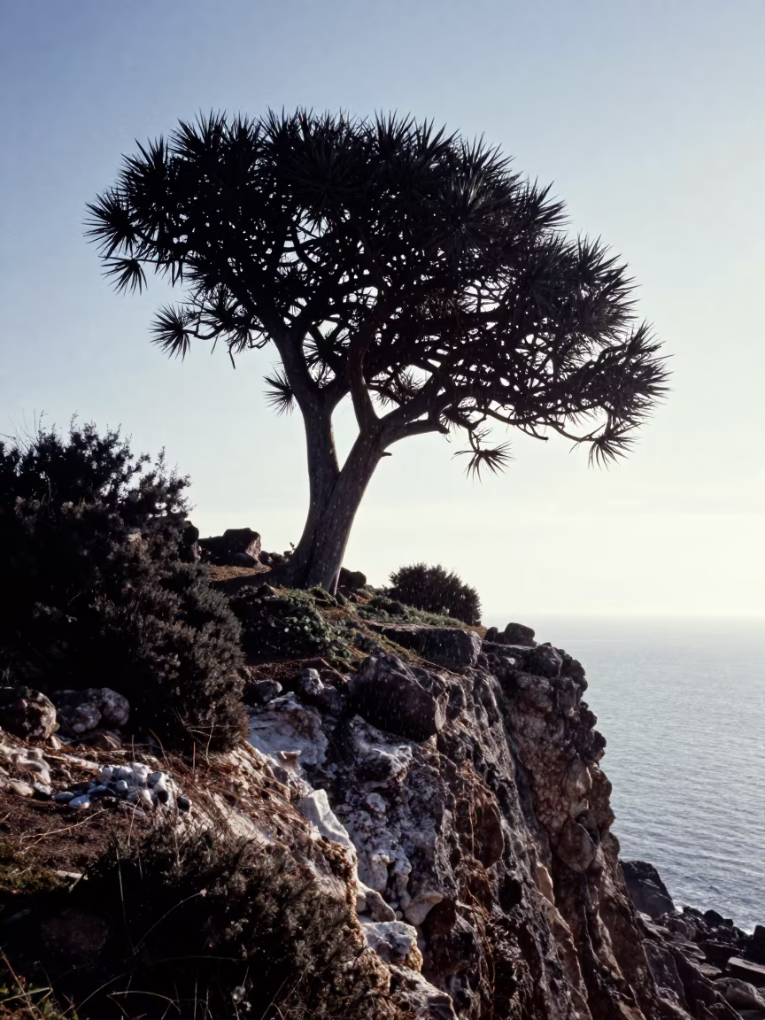Monkey Puzzle Tree Silhouette on Tunis Cliff in along a salt-sprayed cliff edge near Tunis