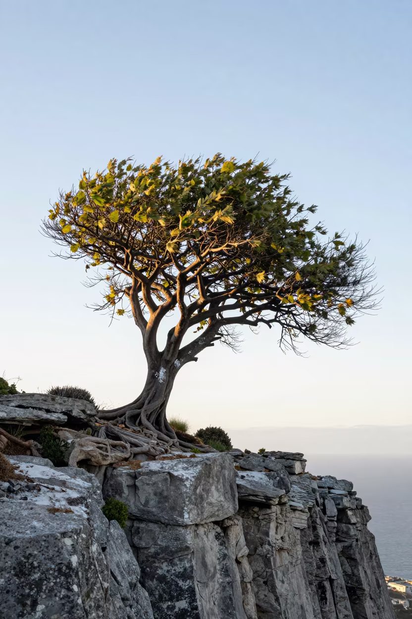 Monkey Puzzle Tree at Sunrise on Salt Cliff in along a salt-sprayed cliff edge near East London