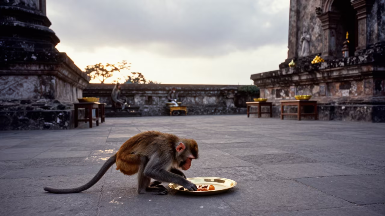 Monkey Stealing Offering from Brass Plate in Temple Courtyard in in a temple courtyard near Pucallpa