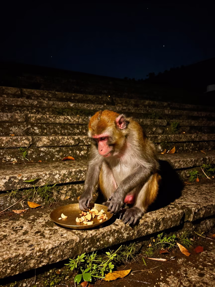 Monkey Stealing Offering Under Starlit Night Sky in in a cloister garden near Girga