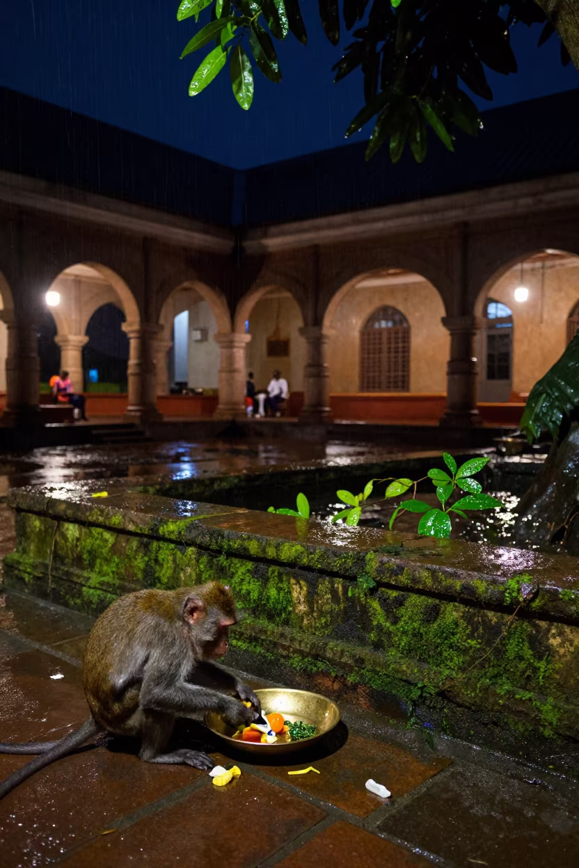 Monkey Steals Brass Plate Offering in Kinshasa Temple Garden in in a cloister garden in Kinshasa