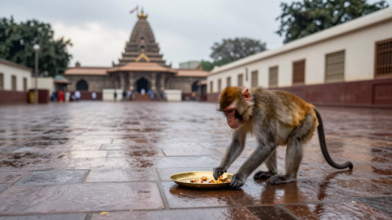 Monkey Steals Offering Brass Plate Temple Courtyard in in a temple courtyard near Nouakchott