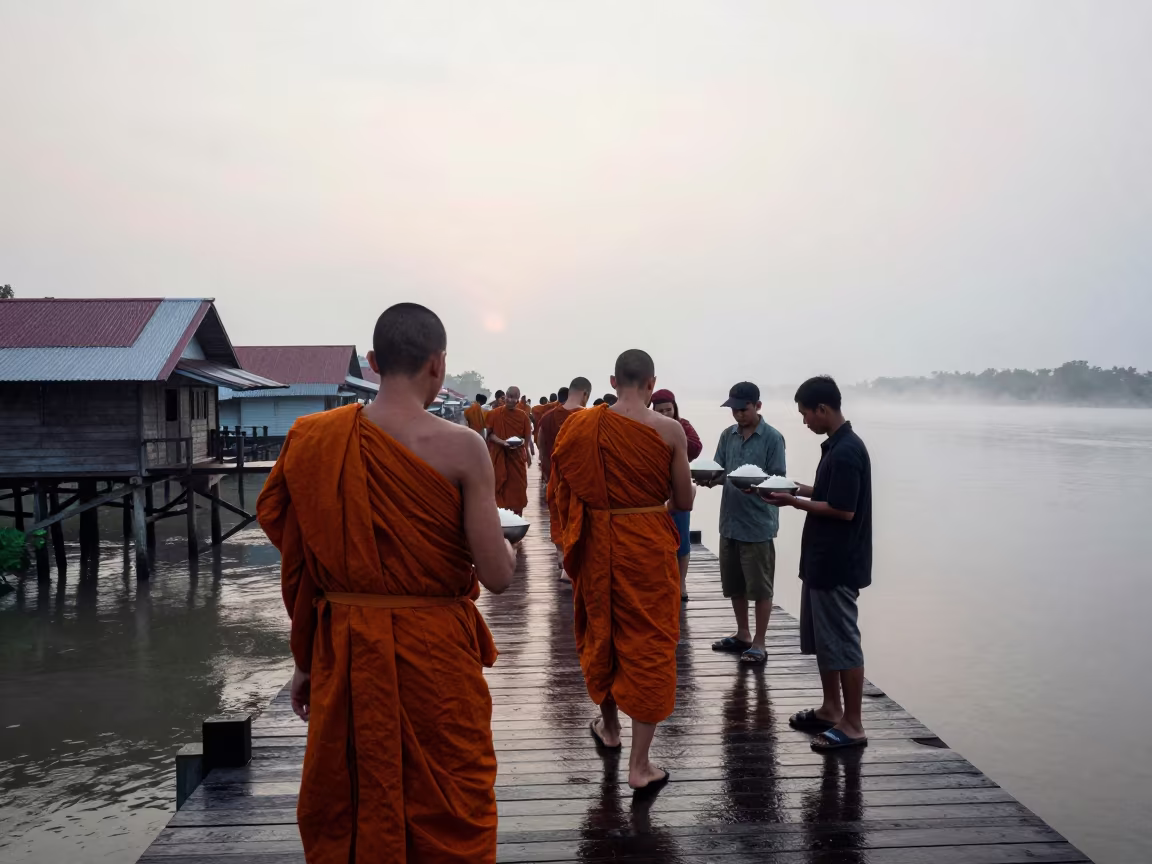 Monks Alms Giving Dawn Mist Kuala Terengganu in near a riverside landing in Kuala Terengganu