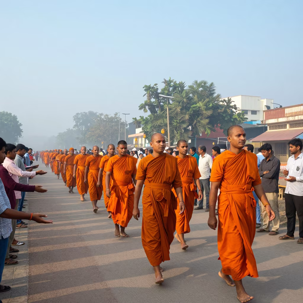 Monks Alms Procession Dawn Narsingdi Village in at a public square in Narsingdi