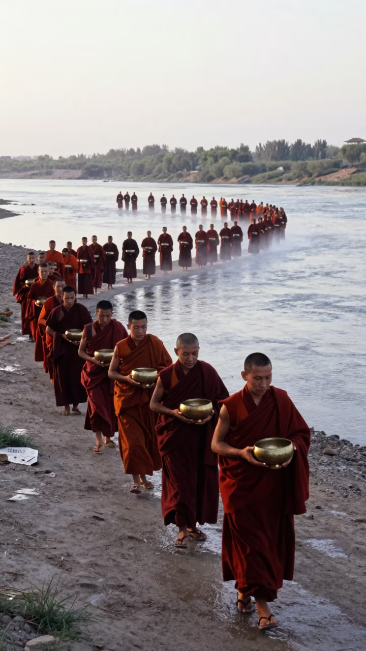 Monks Alms Procession at Tarim Dawn in near a riverside landing in Tarim