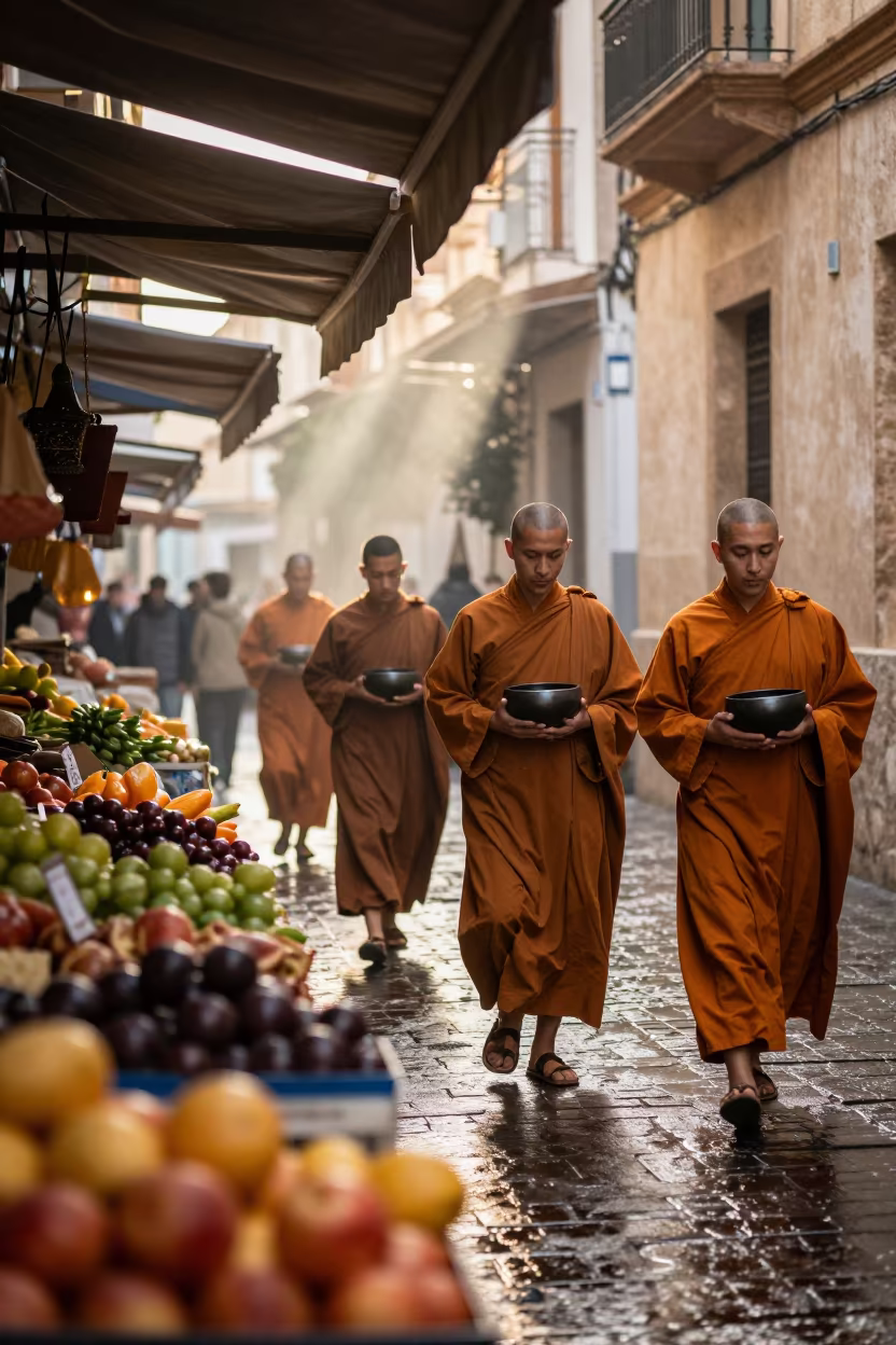 Monks Alms Procession Village Dawn Malaga in along a market lane in Malaga