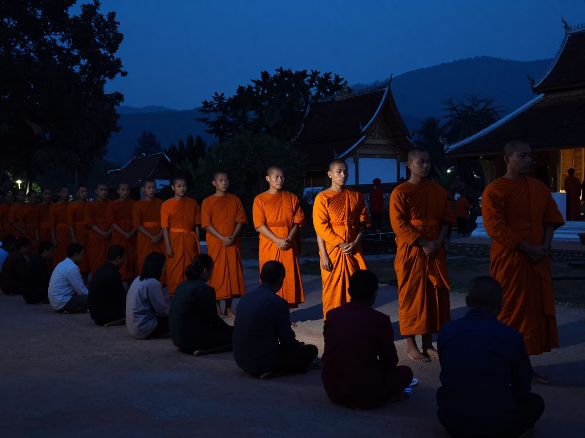 Monks at The Predawn Darkness Light in Luang Prabang in in Luang Prabang, Laos
