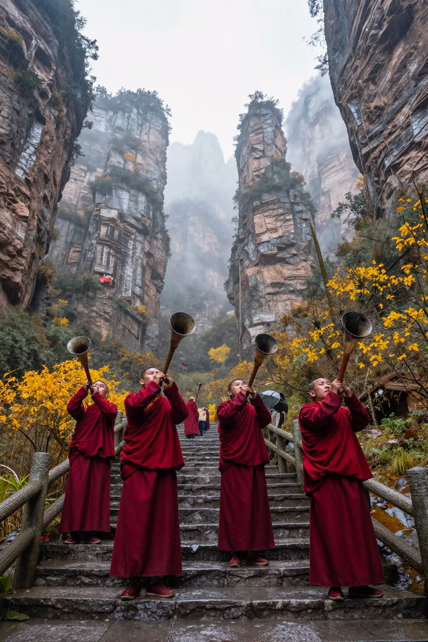 Monks Blowing Horns in Zhangjiajie Autumn Rain in in Zhangjiajie