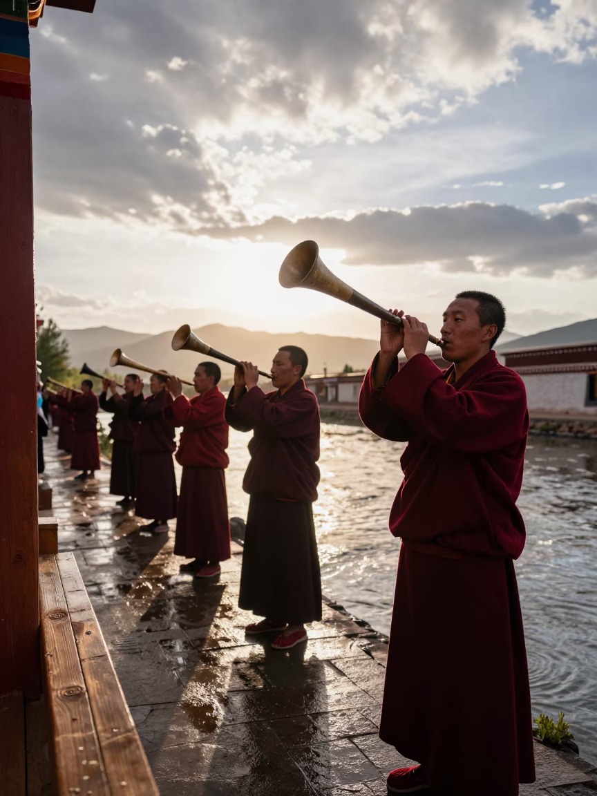 Monks Blowing Long Horns Beside Kosti Canal in beside a canal in Kosti
