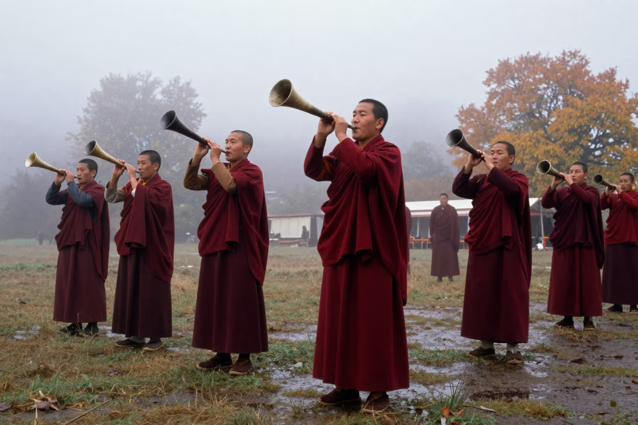Monks Blowing Long Horns at Melbourne Losar Ceremony in near Melbourne