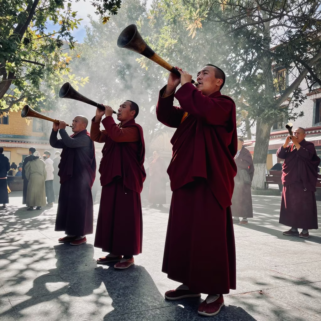Monks Blowing Long Horns at Wa Losar Ceremony in at a public square in Wa