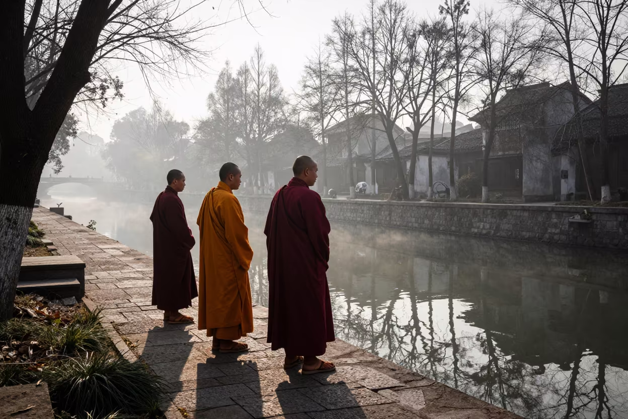 Monks Chanting by Canal at Dawn in beside a canal in Wenzhou