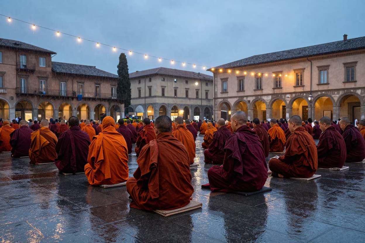 Monks Chanting in Reggio Emilia Square in at a public square in Reggio Emilia