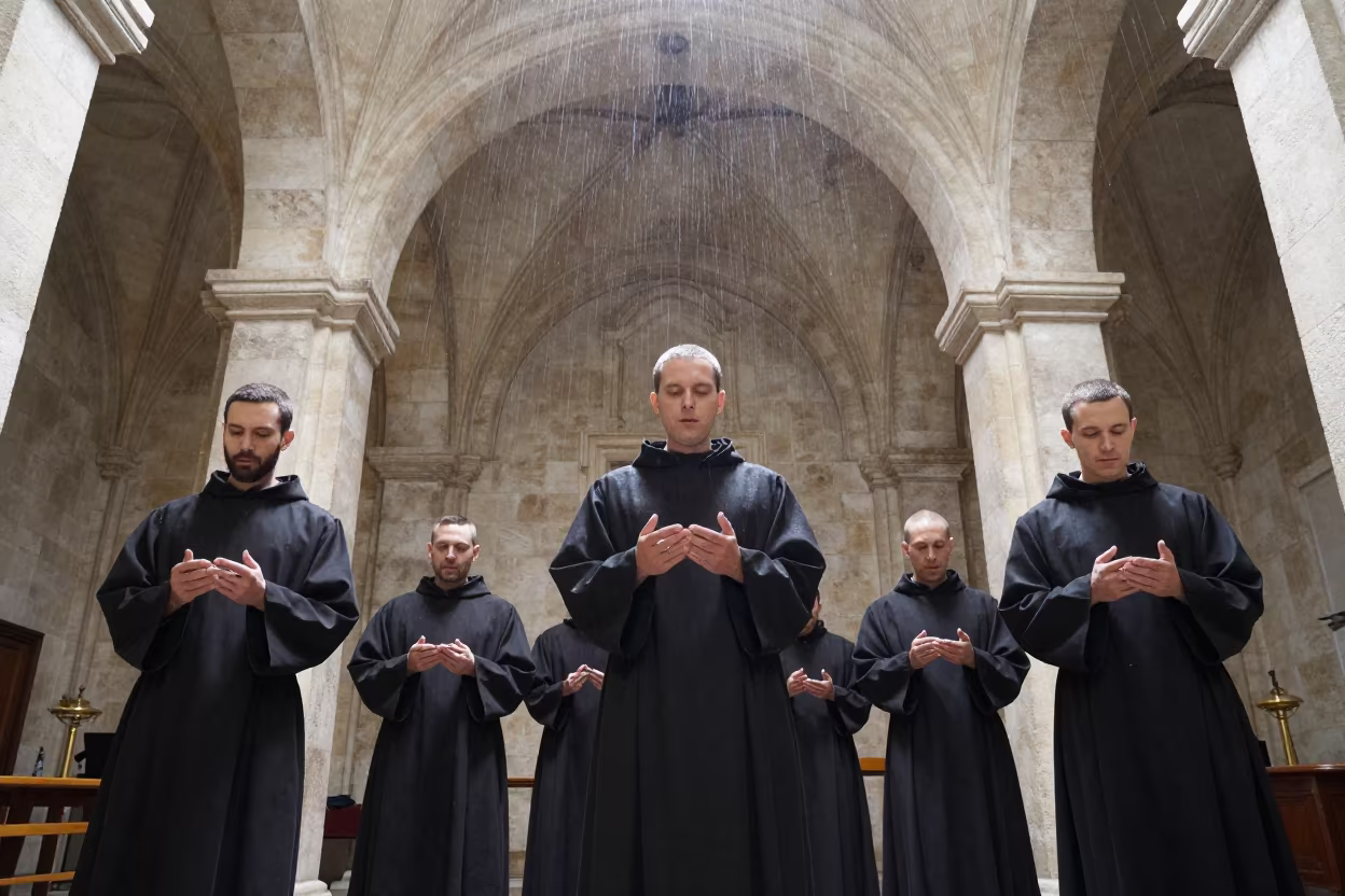 Monks Chanting in Upward Rain Cloister Marseille in in a rehearsal room in Marseille
