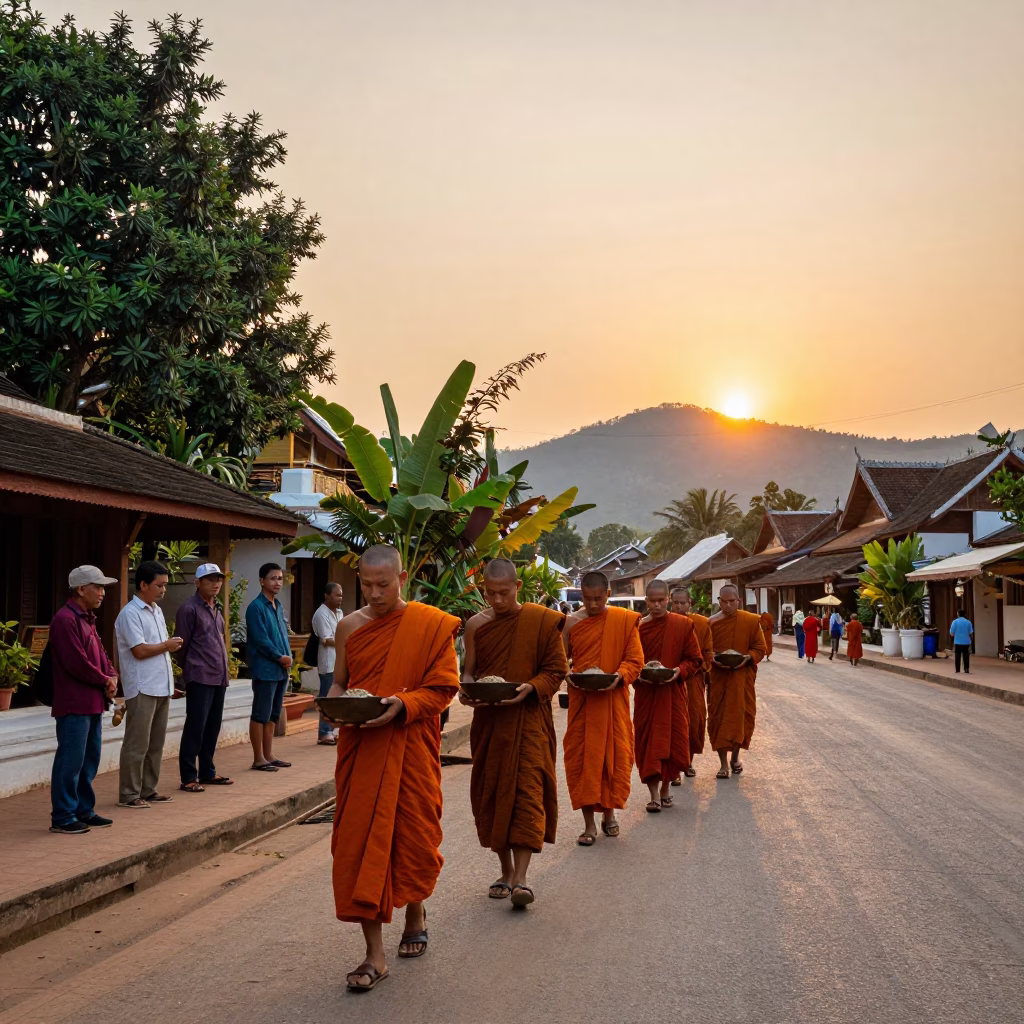 Monks Collecting Alms in Luang Prabang Laos During Golden Hour Sunset in in Luang Prabang, Laos