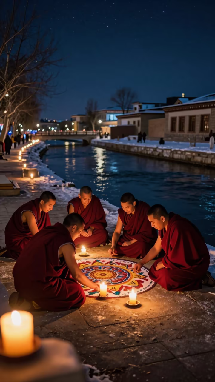 Monks Create Sand Mandala by Canal at Night in beside a canal in Sivas