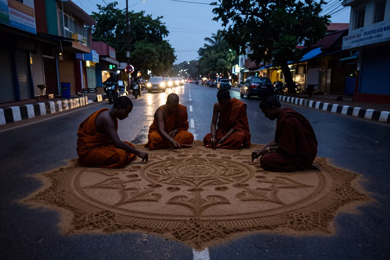 Monks Create Sand Mandala Erode City Lights in in Erode