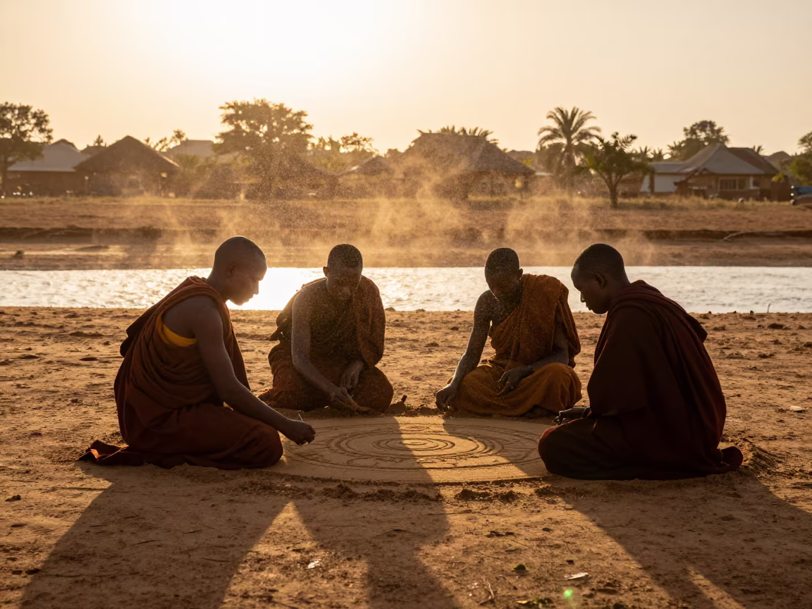 Monks Creating Sand Mandala in Golden Hour in in Koudougou