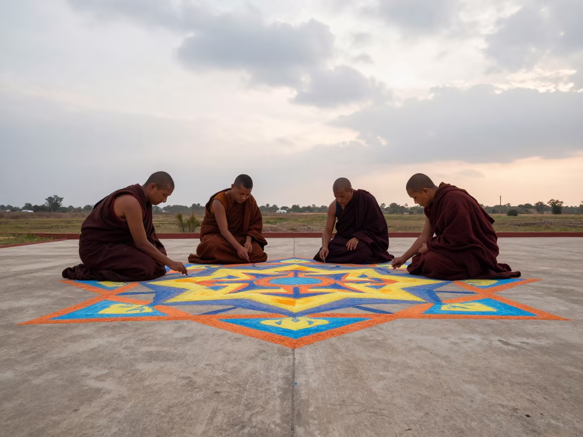 Monks Creating Sand Mandala in Santa Cruz After Rain in in Santa Cruz de la Sierra