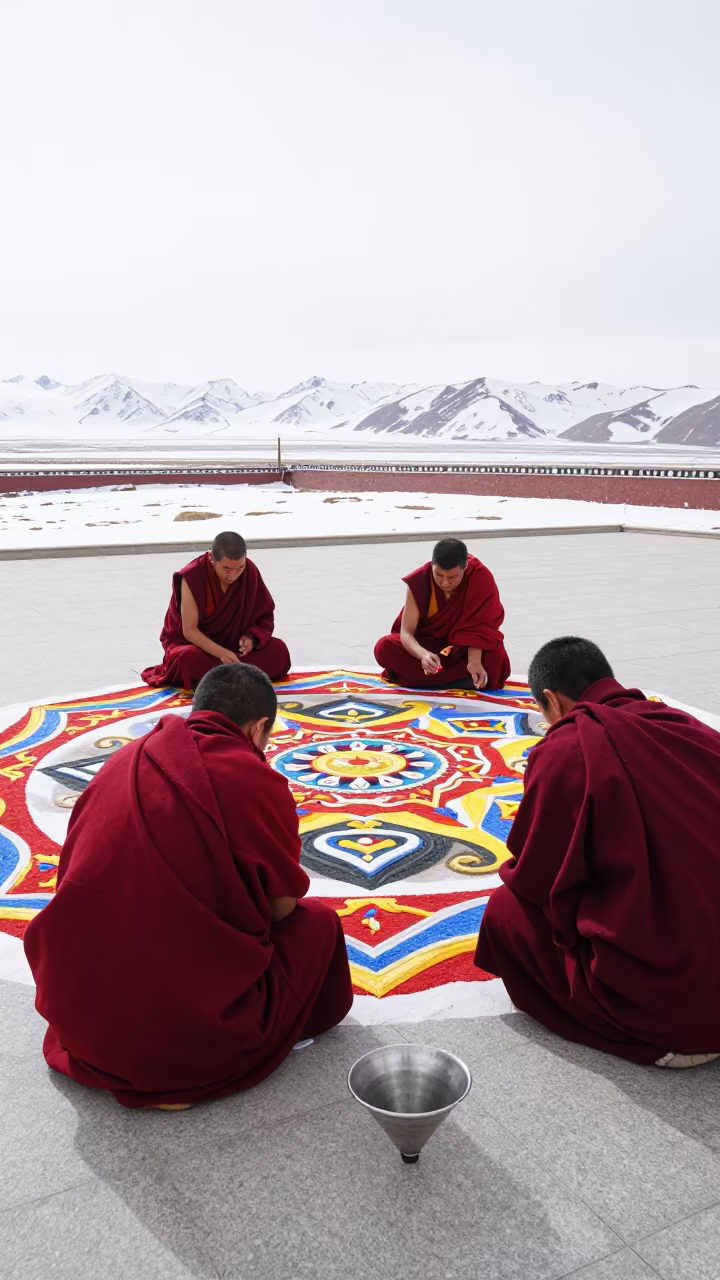 Monks Creating Tibetan Sand Mandala in Pali Square in at a public square in Pali