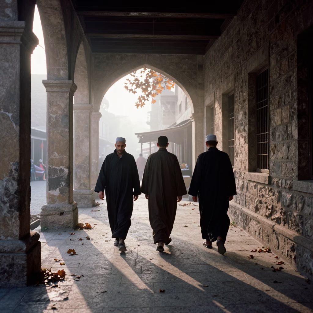 Monks in Dawn Light Walking Tikrit Cloister in along a market lane in Tikrit