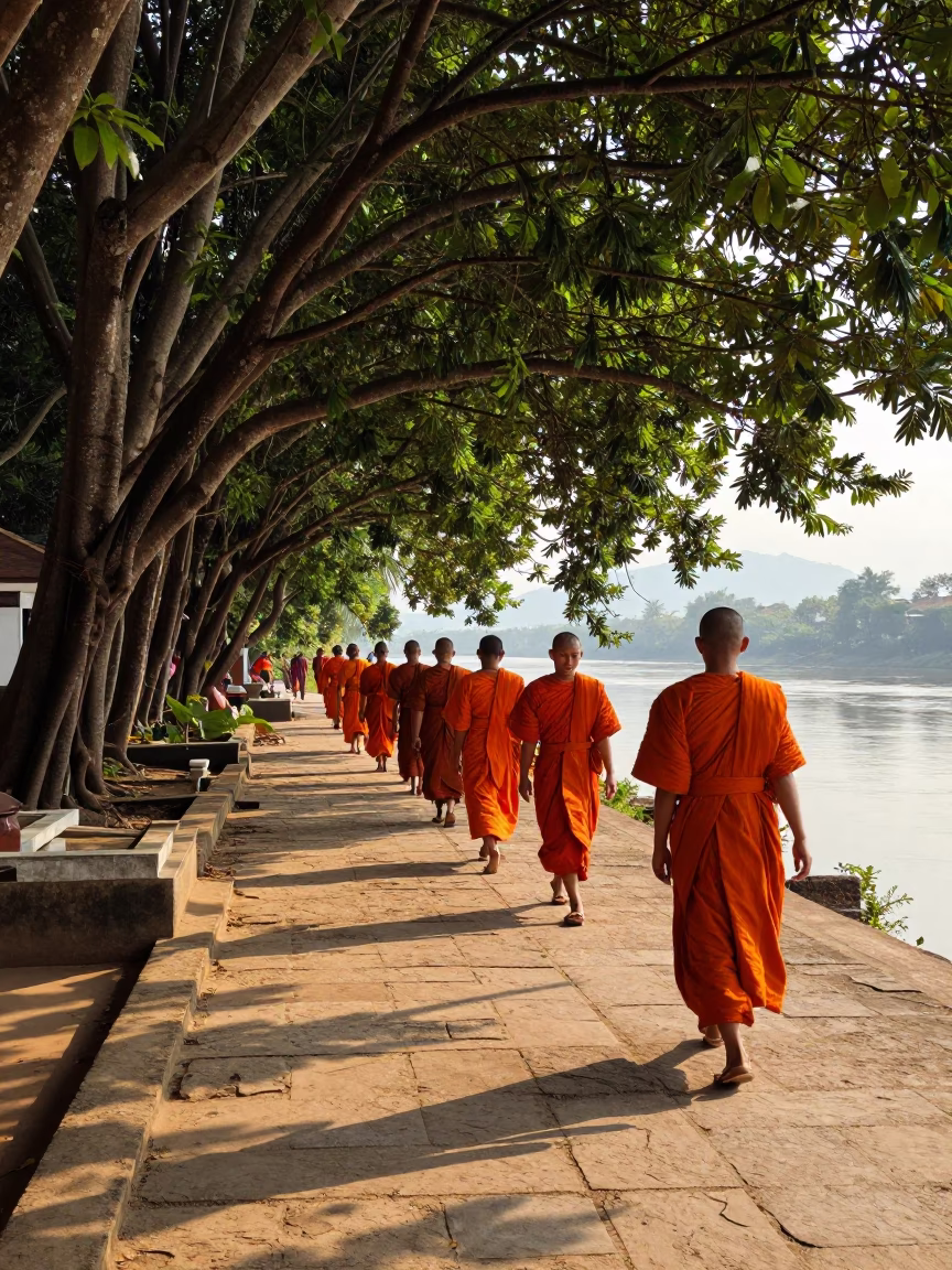 Monks in Luang Prabang at As First Light Reaches The Scene in in Luang Prabang, Laos