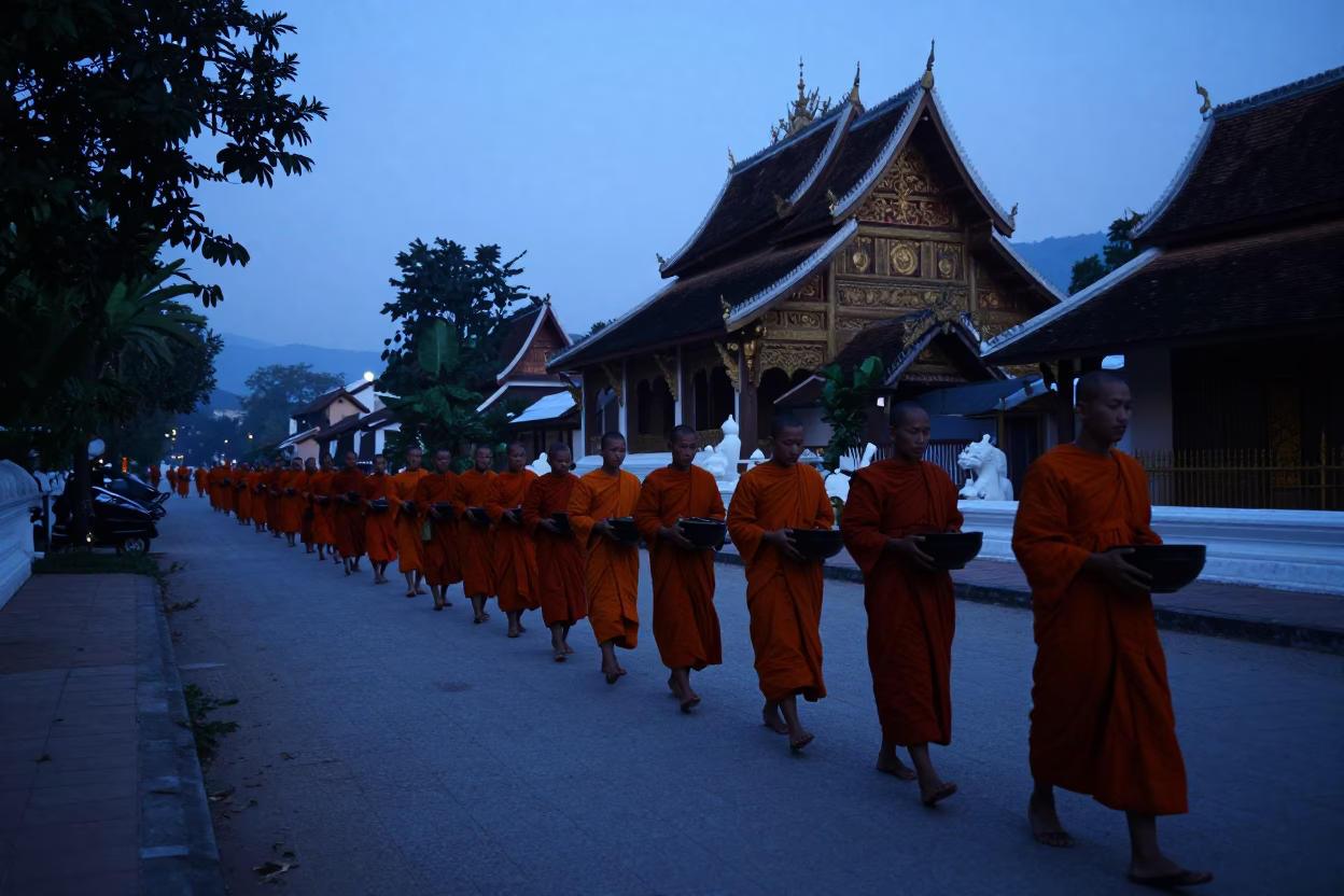 Monks in saffron robes collecting alms in pre-dawn Luang Prabang Laos street in in Luang Prabang, Laos
