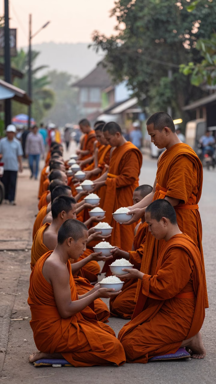 Monks in saffron robes receiving alms from locals in Luang Prabang Laos before dawn in in Luang Prabang, Laos