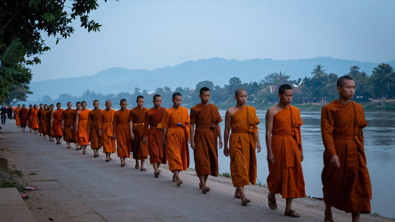 Monks in Saffron Robes Walking Along Mekong Riverbank at Dawn in Luang Prabang Laos in in Luang Prabang, Laos