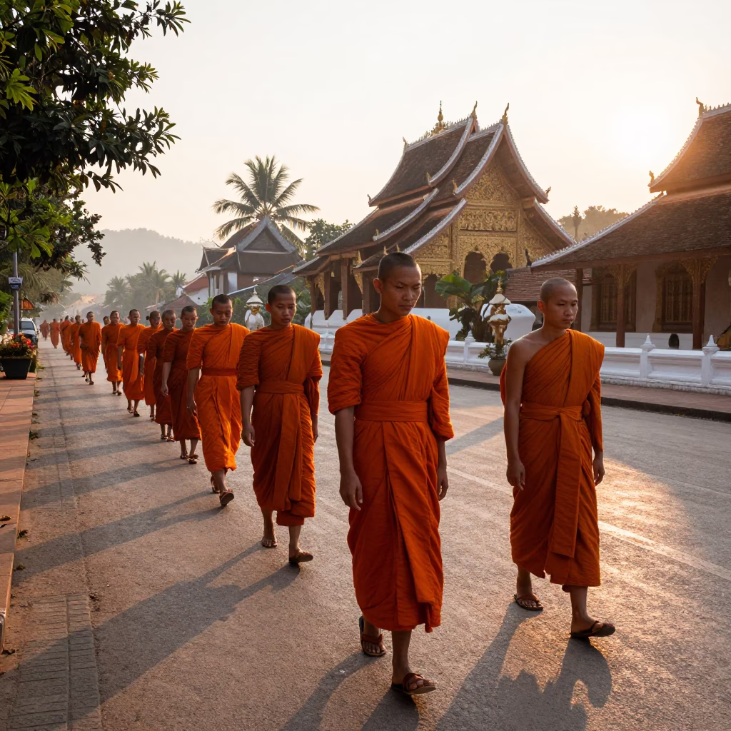 Monks just after sunrise in Luang Prabang in in Luang Prabang, Laos