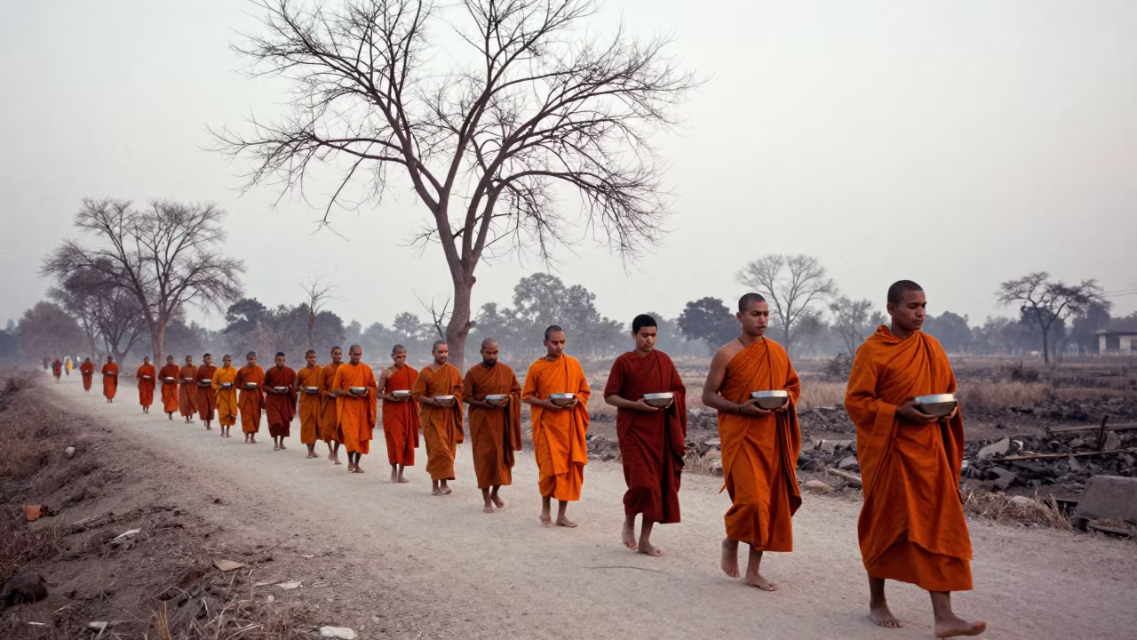 Monks in Saffron Robes Walk Village Road at Dawn in near Ghaziabad