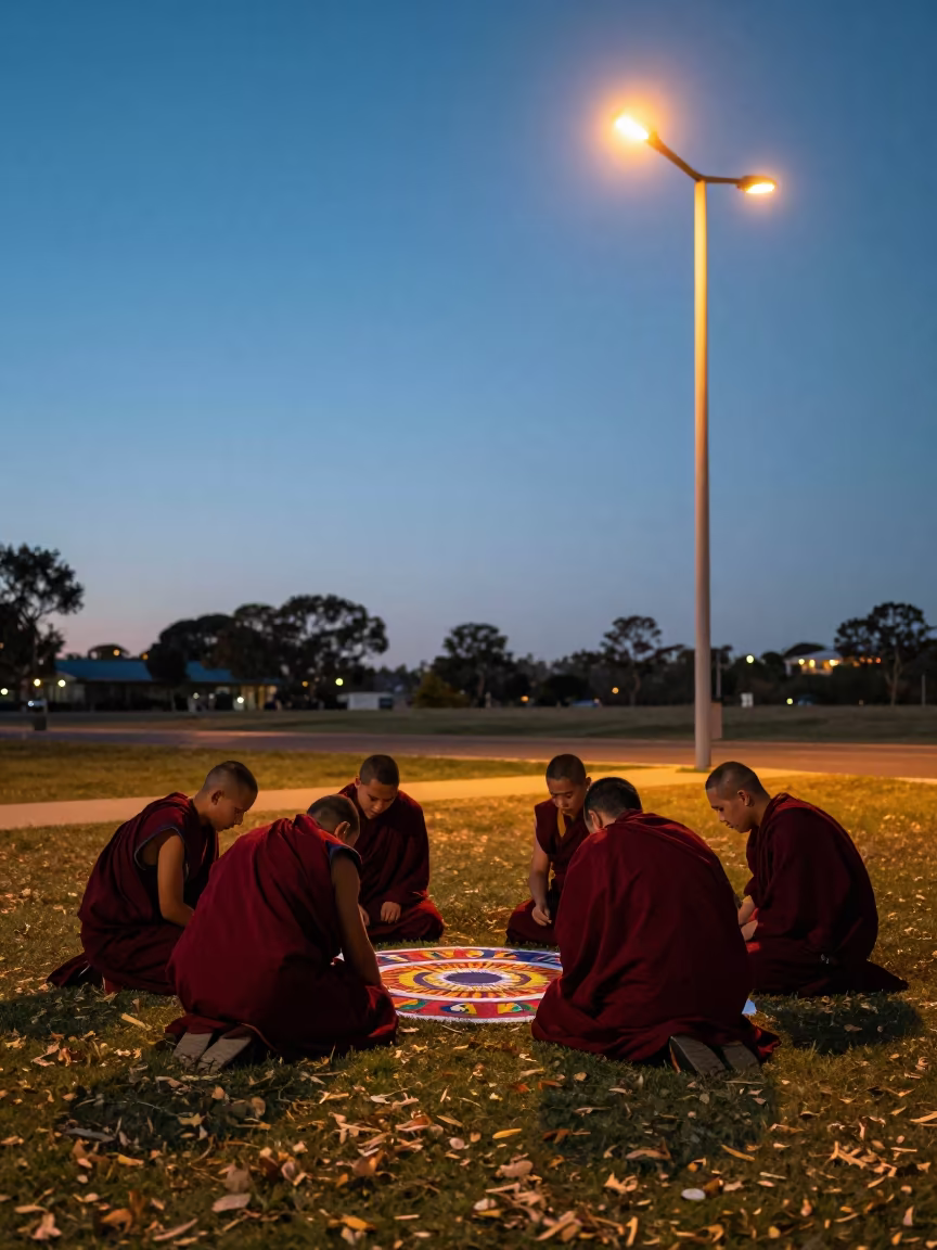 Monks Creating Sand Mandala Near Perth at Dusk in near Perth