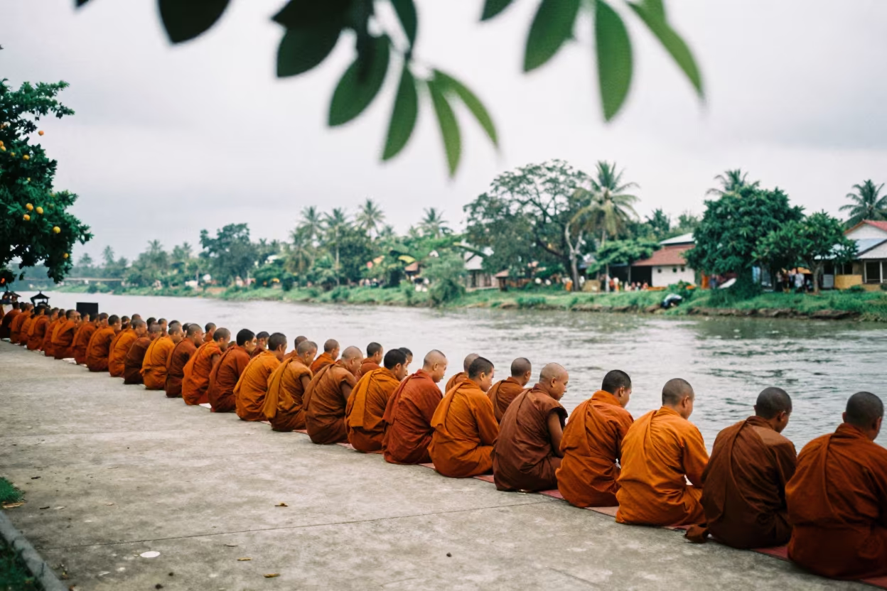 Monks seated in rows beside Cabimas canal in beside a canal in Cabimas