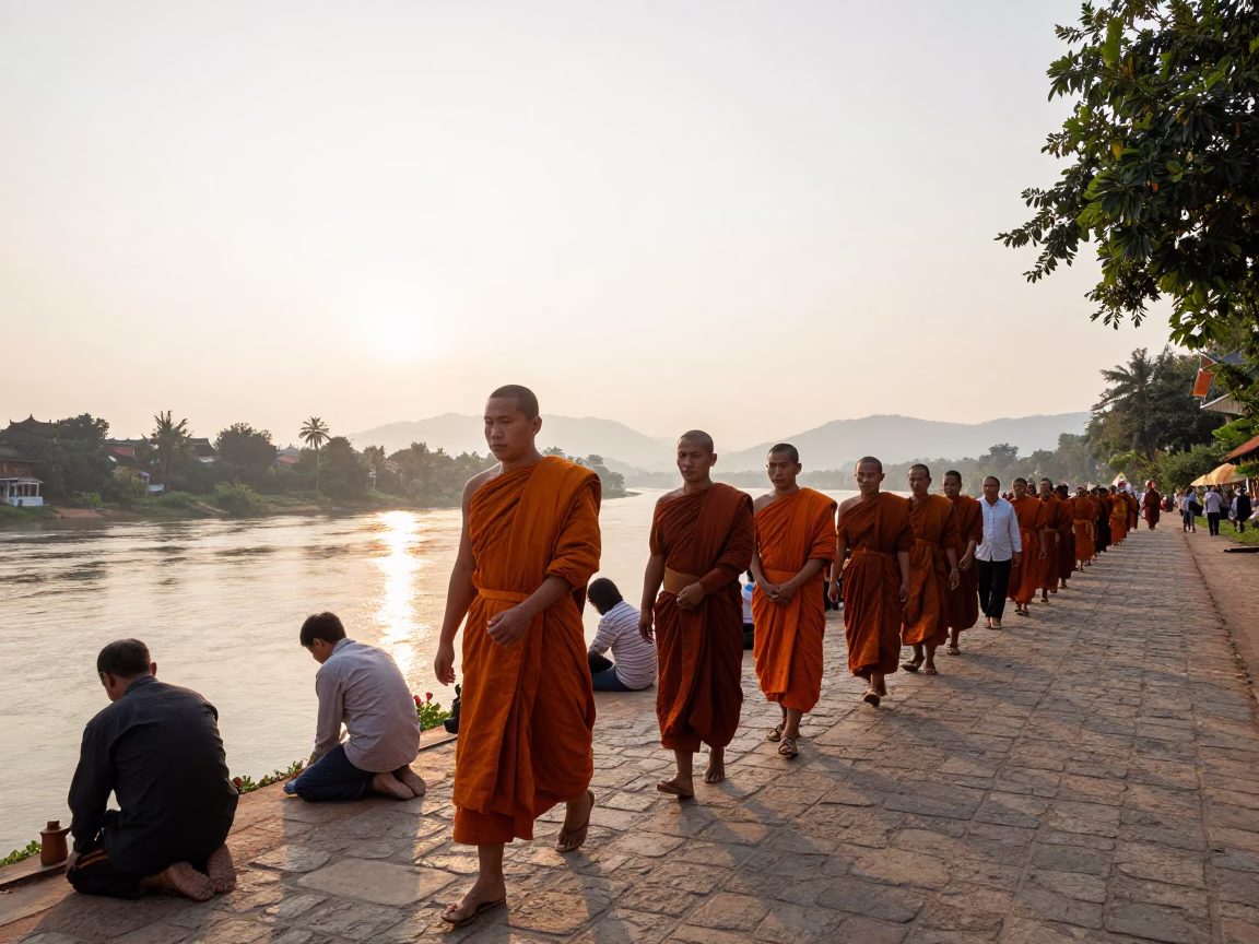 Monks Walking in Luang Prabang at As First Light Reaches The Scene in in Luang Prabang, Laos