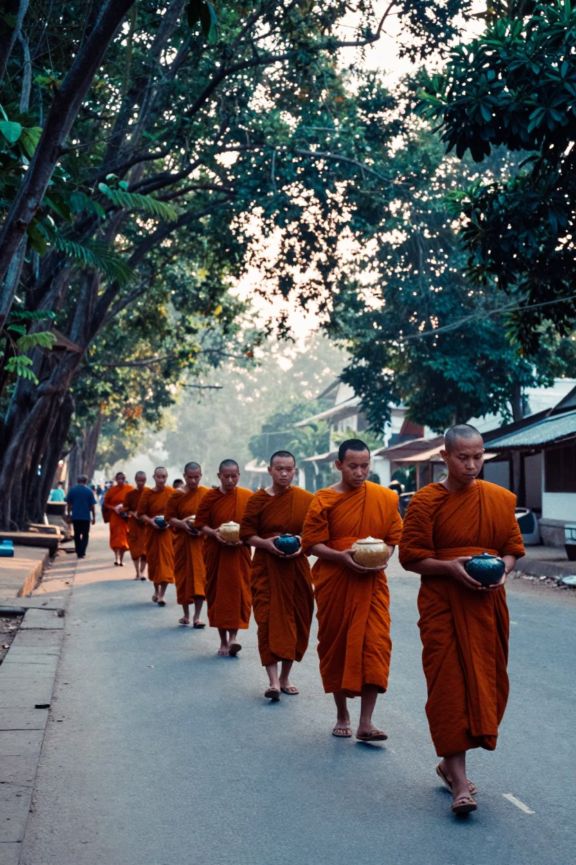 Monks Walking in Luang Prabang at Early Morning Light in in Luang Prabang, Laos