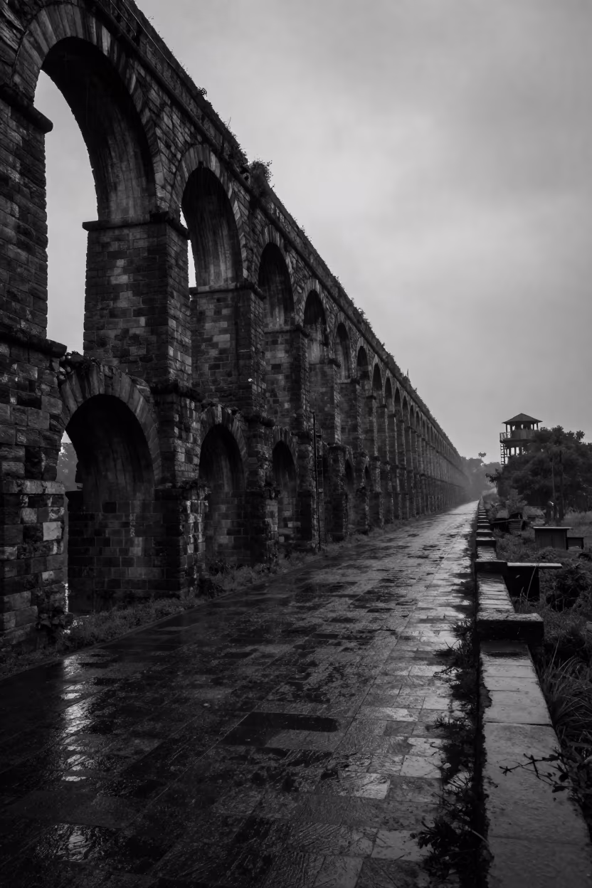 Monochrome Aqueduct and Vivid Firefly at Dusk in beside a water tower ladder near Vadodara